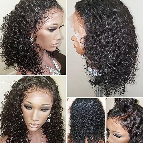 180%-250% Density 360 Lace Frontal Wig Pre Plucked Bleached Knots Curly Brazilian Virgin Human Hair 360 Lace Wigs with Baby Hair(16inch with 180 density,Free Part)