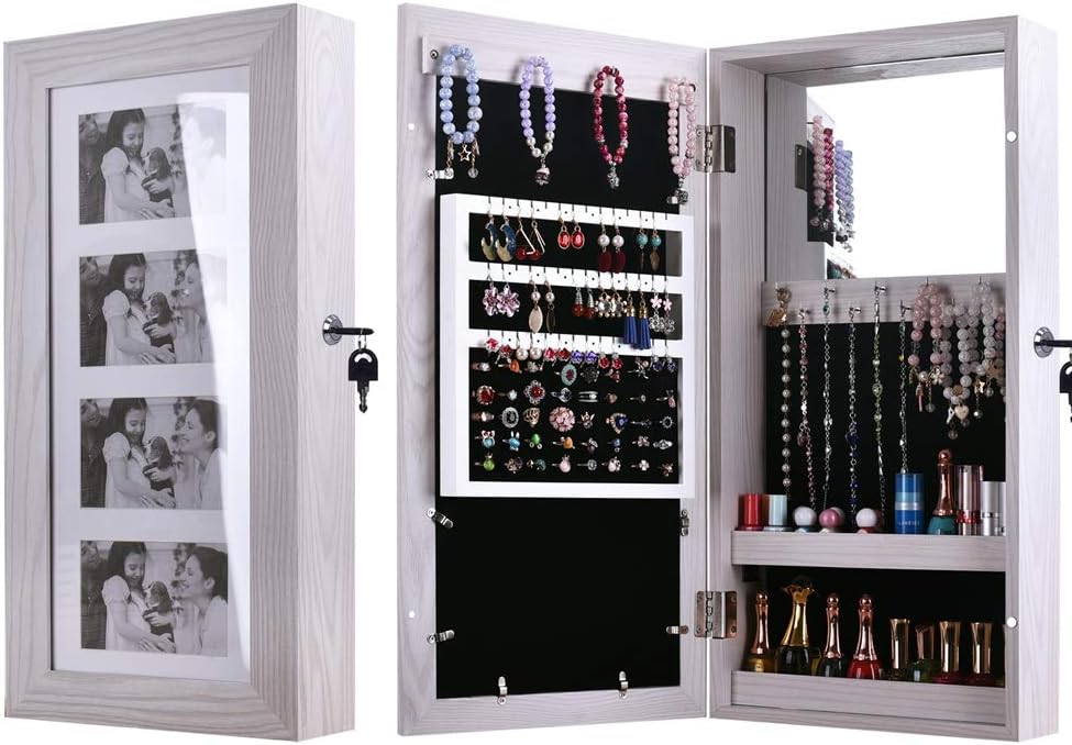 Thxbyebye Simple PVC Wood Grain Coating Photo Storage Damp-Proof Jewelry Mirror Cabinet White