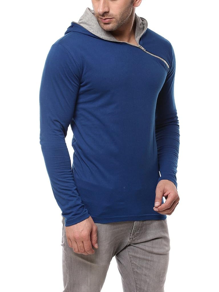 gritstones men's cotton full sleeve hooded t-shirt indigo/grey melange