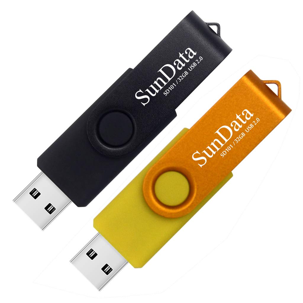 SunData 32GB Memory Stick 2 Pack USB 2.0 Flash Drive Swivel Design Thumb Drives USB Stick Pen Drive for Data Storage with LED Light (2 Colors: Black Gold)