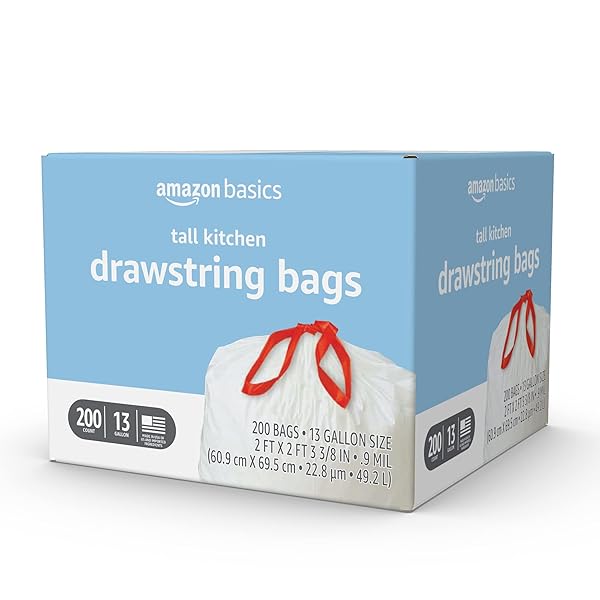 AMAZON BASICS SCENTED TRASH BAGS, TALL KITCHEN DRAWSTRING, CLEAN FRESH SCENT, 13 GALLON, 200 COUNT, PACK OF 1