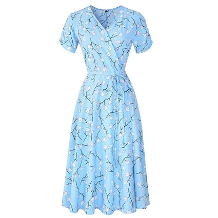 Selou Damen Sommer Urlaub Punkte Print Kurzarm Partykleid Mädchen Vintage Elegant Hippie Hochzeit Festliche Mittelalter Weiss