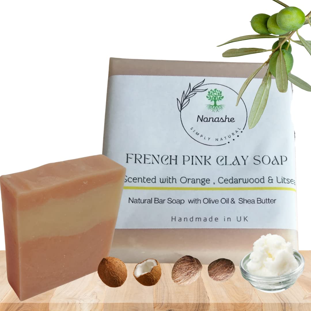 Nonashe Handmade French Pink Clay Bar Soap With Olive Oil For All Types Skin,Natural Ingredients,Vegan & Palm Oil Free,Face and Body Soap for Women & Men (Orange - Cedarwood & Litsea, 50 g)
