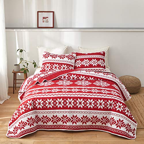 Uozzi Bedding Queen Quilt Set Christmas Red and White Snowflake Style Luxury Lightweight Coverlet Bedspread 1 Reversible Microfiber Quilt with 2 Pillow Shams for Holiday New Year Gift Choice - Thumbnail 3