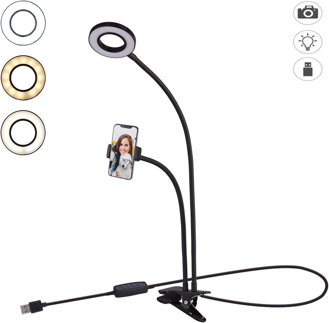 Selfie Ring Light with Cell Phone Holder Stand for Live Stream/Makeup, LED Camera Lighting [3-Light Mode] with Flexible Arms Compatible with Cell Phones and Camera (Black)
