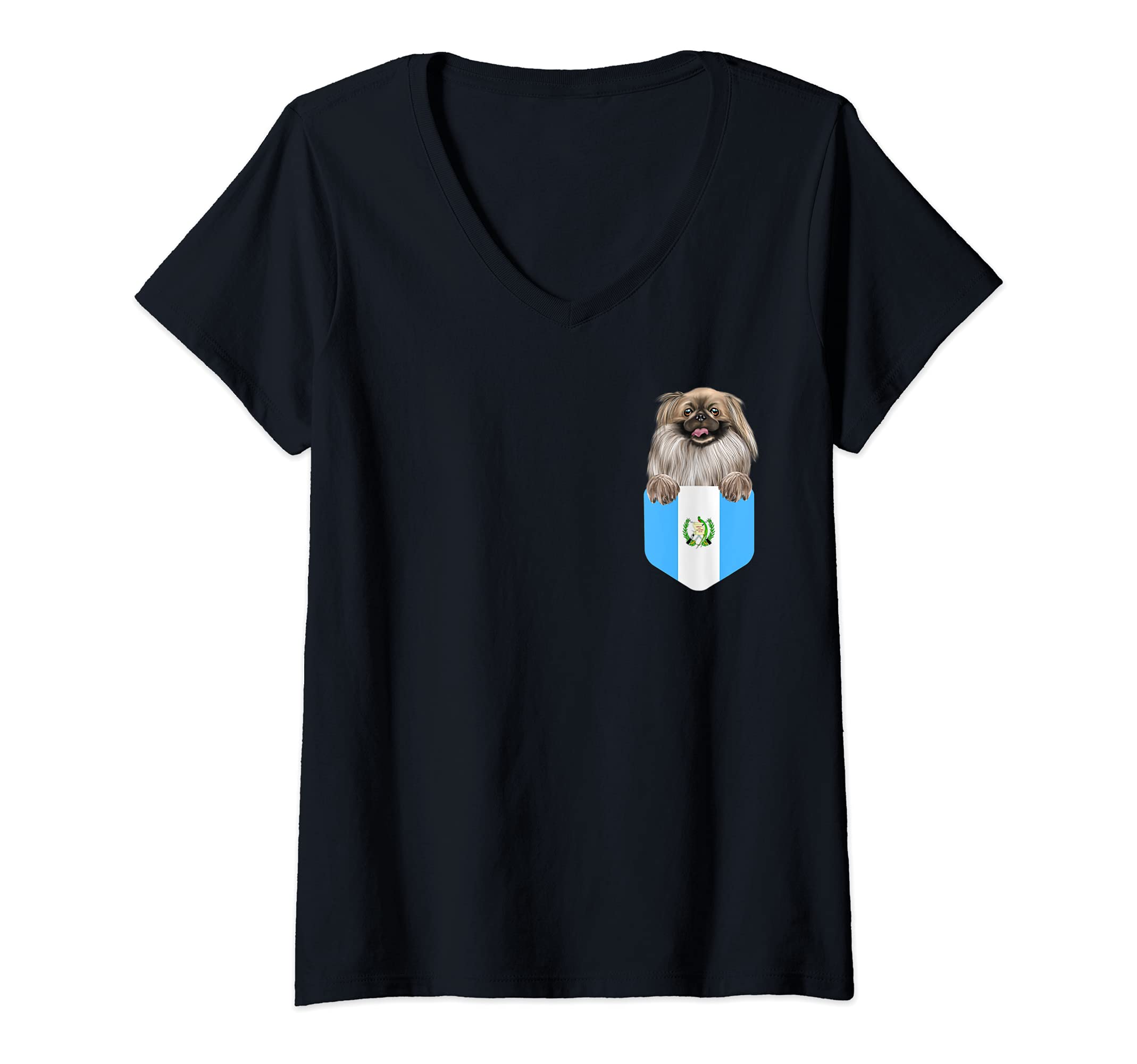 Womens Guatemala Flag Pekingese Dog In Pocket V-Neck T-Shirt