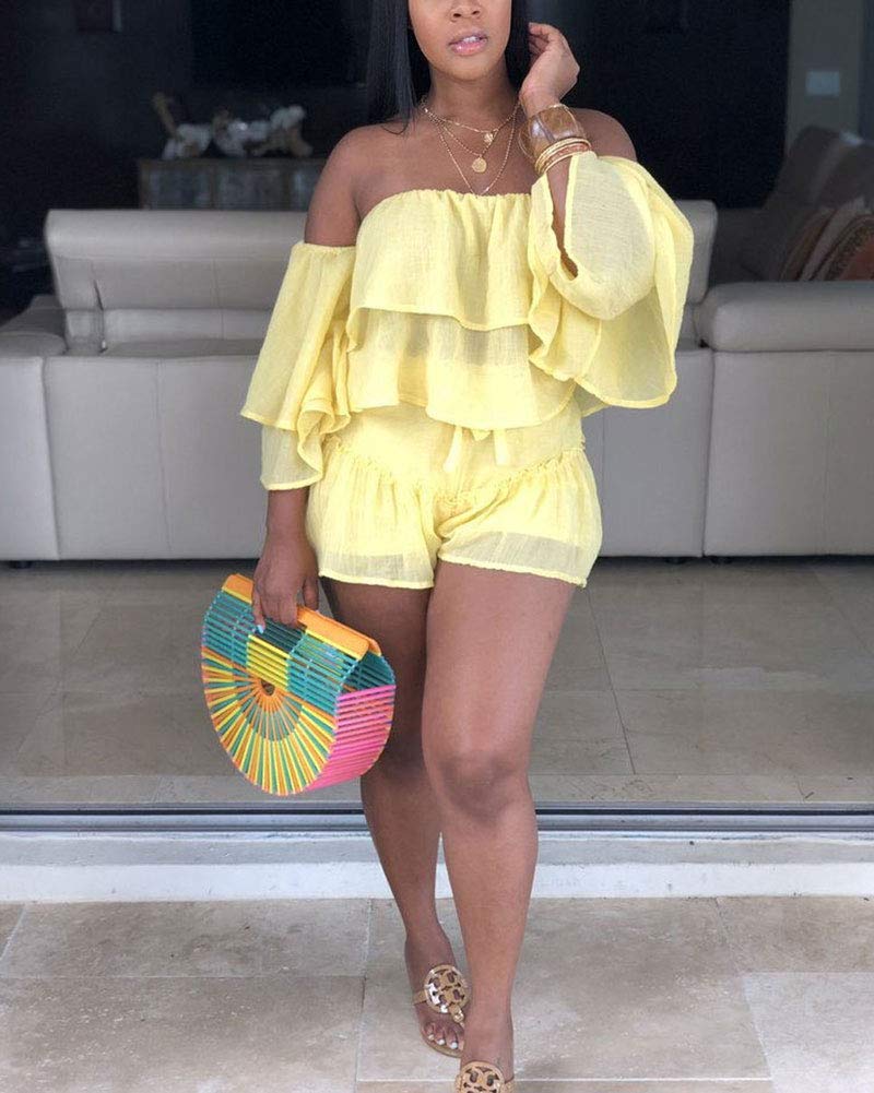 Womens 2 Piece Outfits - Cute Off Shoulder Ruffle Tops + Shorts Suit Sets Yellow