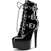Aachcol Womens Stiletto Boots Platform Lace-up Ankle Boots Short Bootie High Heel Zipper Buckle Prom Party Dress Dance Shoes 6 Inches Heels