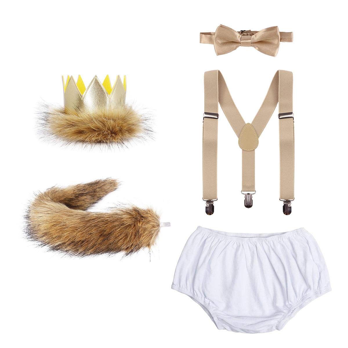Baby Boys Girls 1st/2nd Birthday Cake Smash Photography Outits Lion Wild One Crown Fancy Dress Up Party Photo Shoot Costume Shorts Bowtie Suspenders Tail 5PCS Baby Shower Clothes Set White(5pcs)