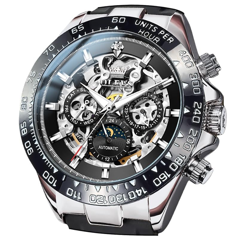 OLEVS Men's Automatic Skeleton Date Waterproof Luminous Diamond Fashion Business Watch for Men, black-6713, Bracelet Type