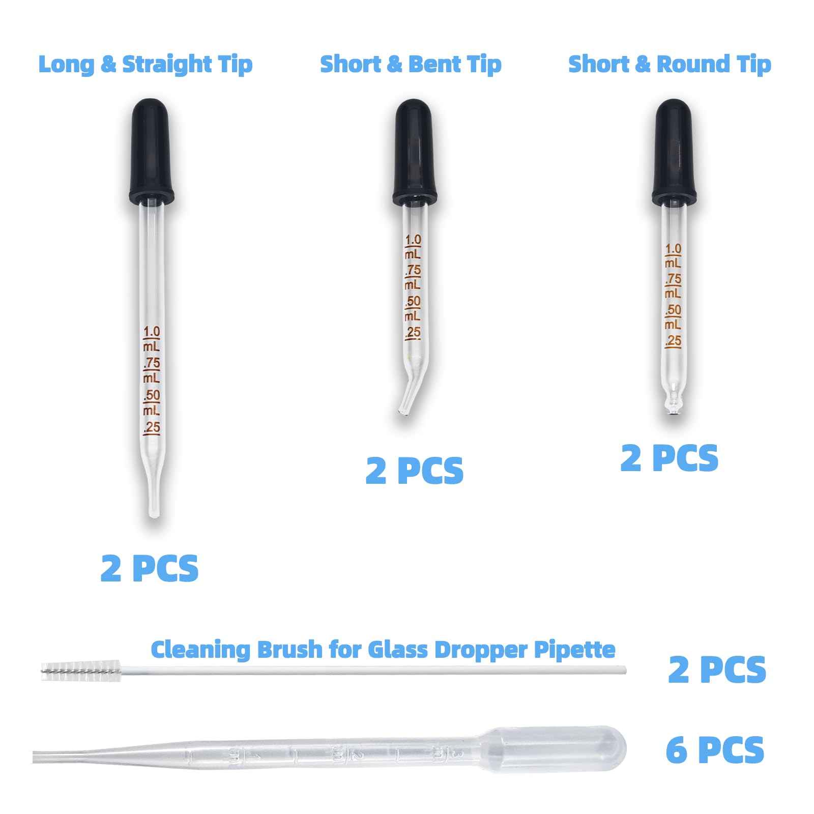 6 PCS 1 mL Glass Eye Droppers with Clean Brush for Essential Oils, Lab, Health Care, Crafts - Glass Dropper, Eye Dropper, 1mL Pipettes Dropper, Medicine Dropper