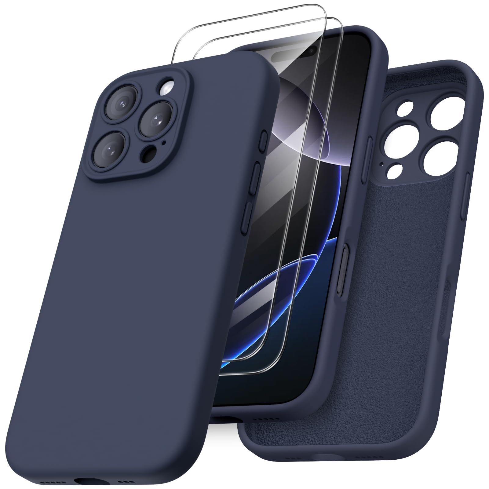 ORNARTO Compatible with iPhone 16 Pro Case 6.3 inch, with 2 x Screen Protector Liquid Silicone Gel Rubber Cover [Full Body] Shockproof Protective iPhone Case for iPhone 16 Pro-Navy Blue