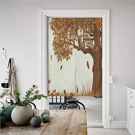 Amazon 生命の木 和風 風景のれん 幅72 X丈170 秋のシーズン秋の公園の田舎のアートワーク 暖簾 おしゃれ 北欧 プレゼント 贈り物 アンバーレッドウッドの日陰の落葉性オークの葉 のれん オンライン通販