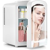 Xbeauty Skincare Mini Fridge With Dimmable LED Mirror, 4L Mini Makeup Refrigerator for SkinCare, Cosmetics, Food and Drinks, Portable Small Refrigerator for Bedroom, Dorm, Car, Office, White