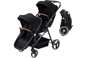 HARMOHABY Tandem Double Stroller Newborn and Toddler, Foldable Twin Stroller with Reversible Seat, 5-Point Safety Harness, Adjustable Backrest & Canopy, Storage Basket