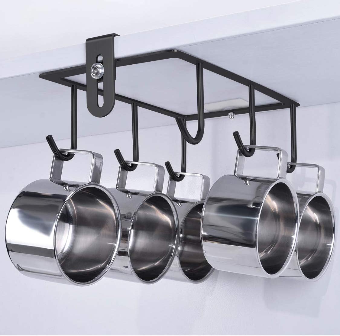 XIGOO Coffee Mug Holder Under Cabinet - 6 Hook Self-Adhesive Cup Holder for Kitchen, Adjustable Fit for 0.3-1.5 Inch Thickness Shelf (Black)