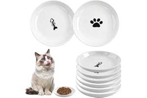 STAOVA 6 Pack Cat Food Bowl, Ceramic Cat Bowls, Anti Whisker Fatigue Cats Bowl Set,5.5 Inches Shallow Wide Kitten Plates for Food and Water (Cat's Paw+Fishbone)