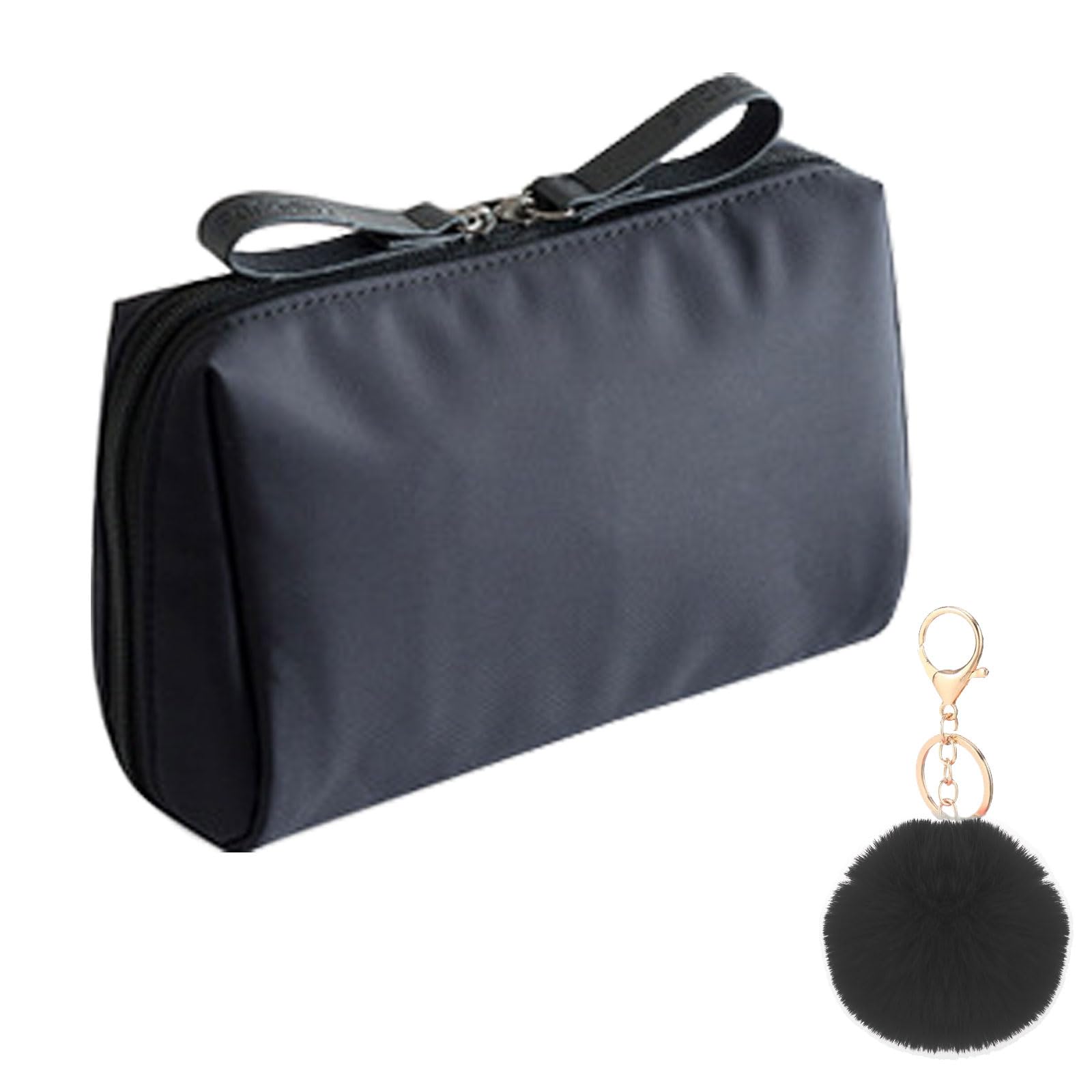 AYNKH Ladies Portable Cosmetic Bag with Fluffy Ball Pendant, Cosmetic Bag Nylon Small, Small Multifunctional Storage Bag, for Short Trips, Storage of Cosmetics and Skin Care Products (Black)