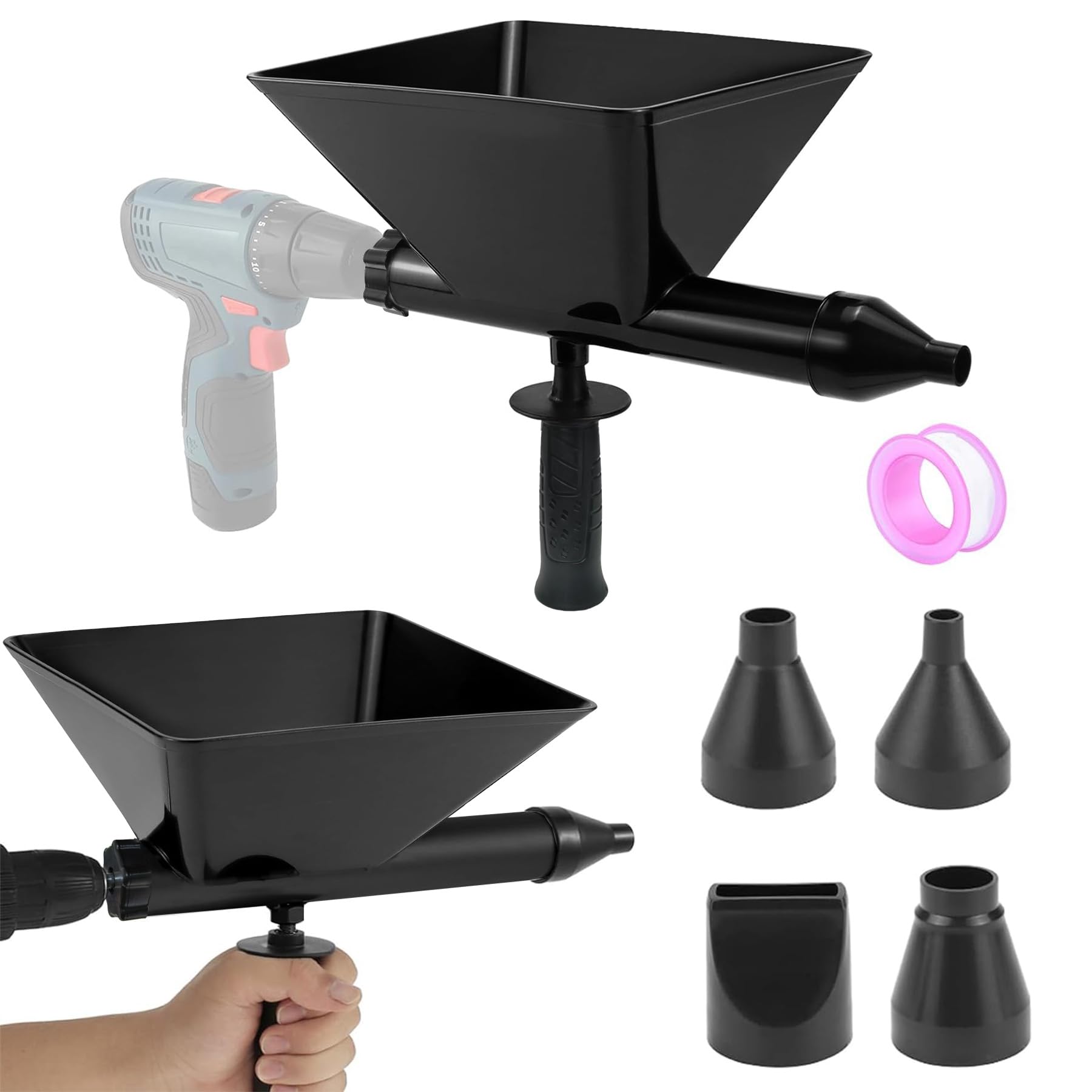 MeYuxg Large Size Auger Mortar Grout Gun, Plastic Cement Caulking Gun with 4 Nozzles for Electric Drills-Black