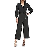 DKNY womens 3/4 Balloon Sleeve Collared Neck Straight Leg Cropped Jumpsuit With Removable Belt