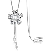 Merdia Flower Shape Created Crystal and Simulated Pearl Pendant Long Chain Sweater Necklace for Women