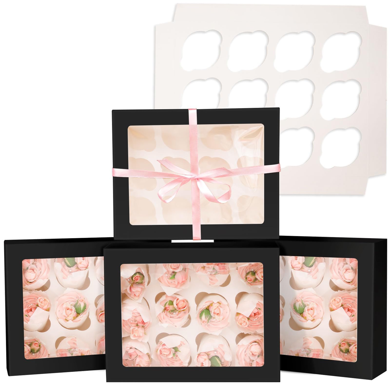 Gcardist Auto-pop Up 12 Cupcake Boxes with Window Black 6 Packs Cupcake Box 33x25.4x9cm Bakery Boxes For Cupcakes Carrier, Cupcake Containers (13x10x3.5 inch)