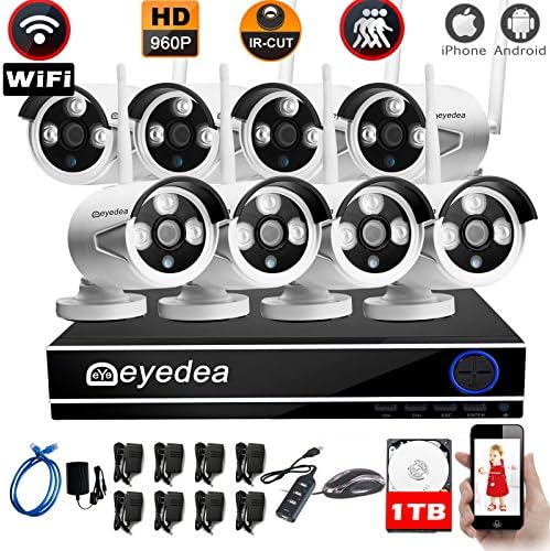 Eyedea 8CH 5500TVL 1.3MP WiFi NVR Wireless Camera Surveillance DVR Double Antenna Easy Setup IP Network 960P Night Vision Home Business CCTV Security Camera Smart Phone APP Remote View 1TB Hard Drive