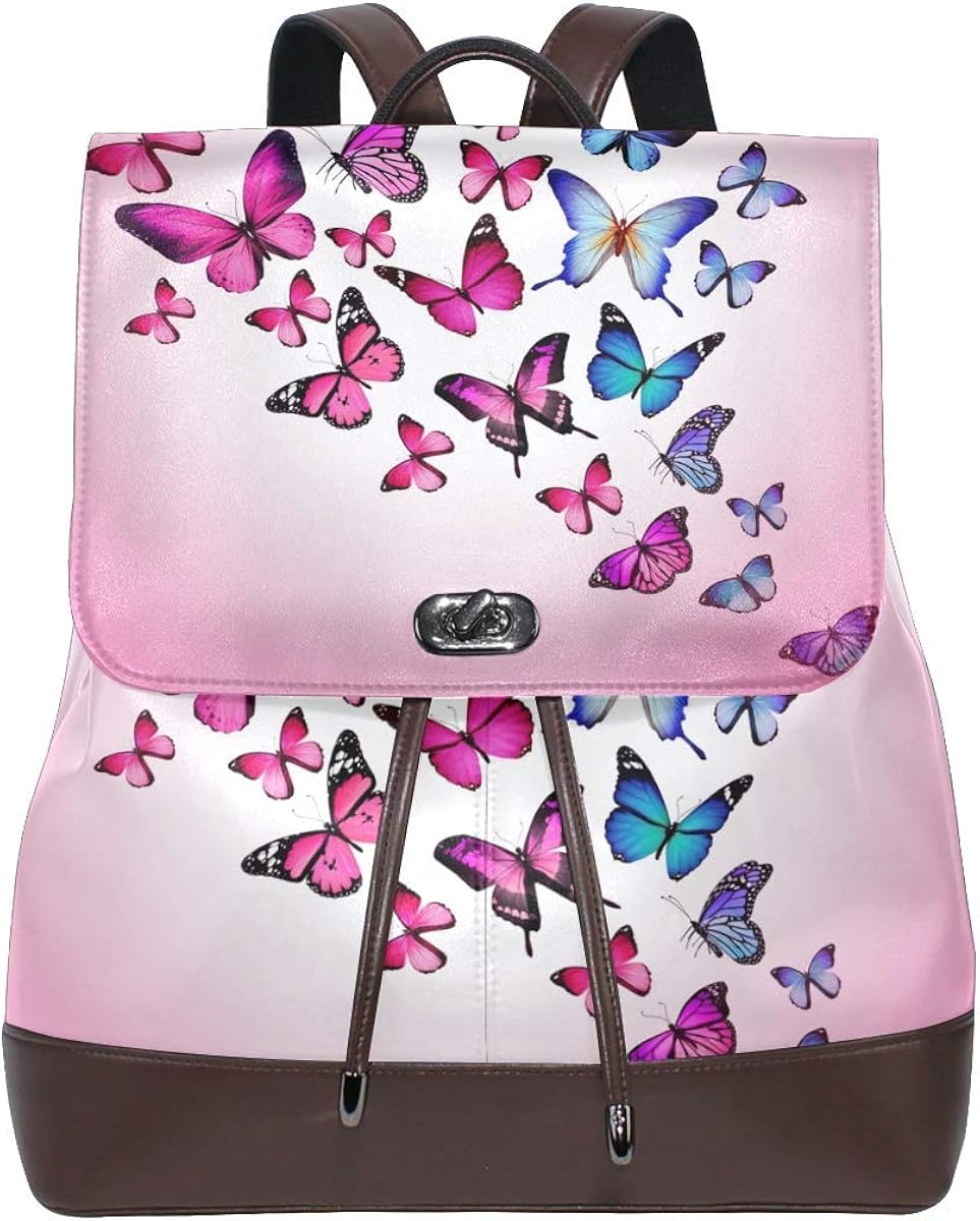 Flyup Women Leather Pink Butterflies Backpack Purse Travel Schoolbag
