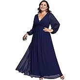 Ever-Pretty Plus Women's V Neck Long Sleeves A Line Pleated Chiffon Plus Size Maxi Formal Evening Dresses 02235-DA