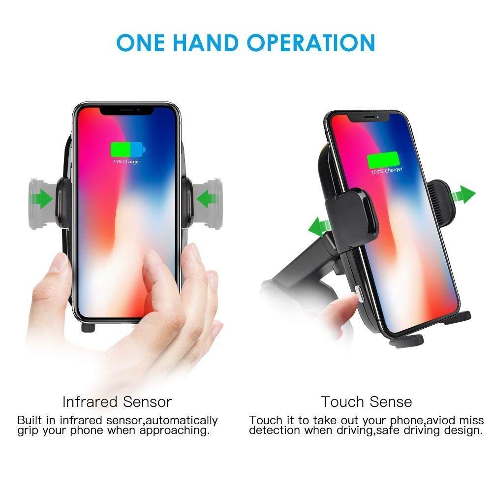 Car Wireless Charger, 2 In 1 Wireless Fast Car Charger Automatic Infrared Motion Sensor Air Vent Holder for iPhone X 8 8S Note8, S8, S8+, S7 Edge, S7, Note5, S6 and all QI Enabled Devices, Black