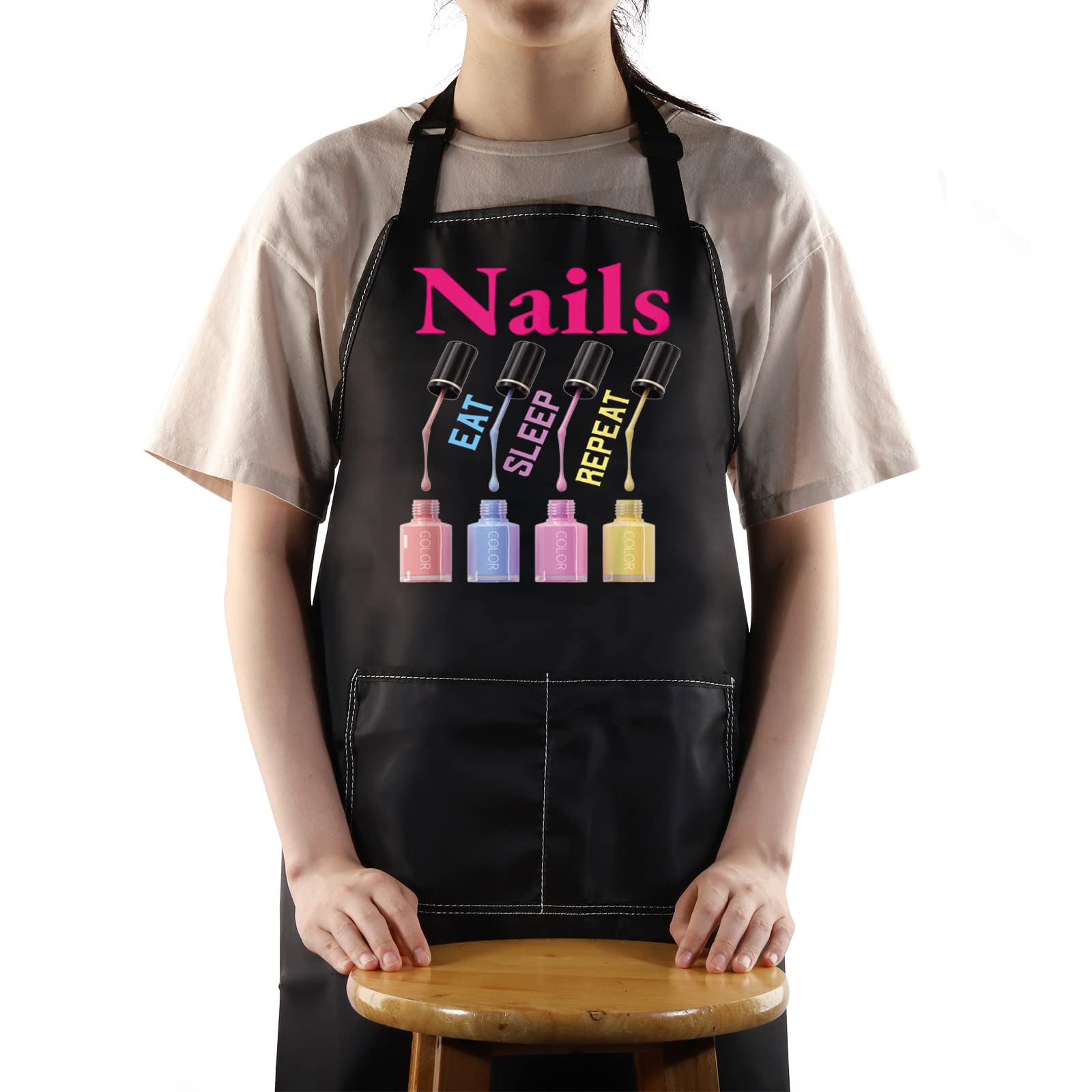 WZMPA Nail Technician Apron - Artist Gifts, Eat Sleep Nails Repeat - Adjustable Tech Apron for Salons, Nails Repeat Apron, Medium