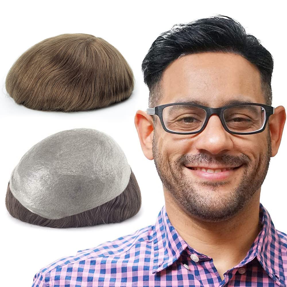 Lordhair Toupee for Men with 100% European human hair 8x10 inch Hairpiece for Men 0.06mm Super Thin Skin Hairsystem All V-looped Mens Toupee (Medium Light Brown 6#) โ image 1