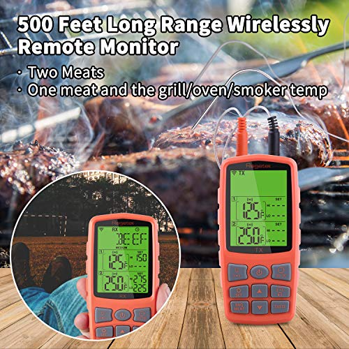 Regetek Wireless Grill Thermometer BBQ Oven Smoker Thermometer, Remote Digital LCD Cooking Food Meat Thermometer for Stove Kitchen Dual Probe/Clock Timer Alarm/Backlight (500 Feet)