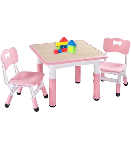HONEY JOY Kids Table & Chairs Set With Building Blocks - Toddler Activity Table, 2 Chairs & Storage Shelf | Gray/Blue/Pink, HDPE Safe Material