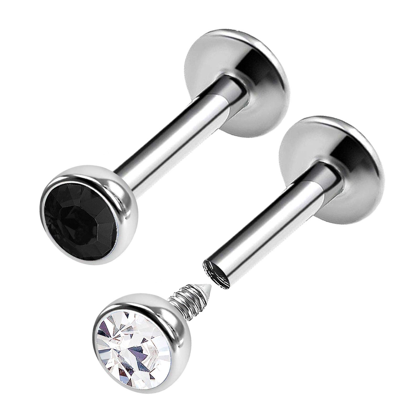 KJM FASHION 2PCS Steel Internally Threaded Labret Studs 16g 1/4 6mm 3mm Jet Crystal Spiderbite Rim Earring Monroe Piercing Jewellery 0421