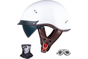 JQF Gear Retro Motorcycle Helmets for Men Women Open Face Helmets Sun Visor Quick Release Buckle MM107 DOT Approved Half Face Crusier Helmet (Gloss White, M)