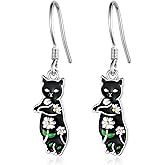 Black Cat Earrings S925 Sterling Silver Daisy Cat Earrings for Women Cat Jewelry Gifts for Women