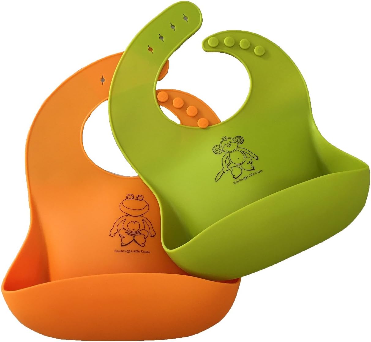 Waterproof Silicone Bib with Food Catcher Pocket for Baby & Toddlers. Rolls Up for Travel. Comfortable Soft baby bibs. Wipes Clean & Dries Quickly! Set of 2- For Boys & Girls!(Orange/Green)