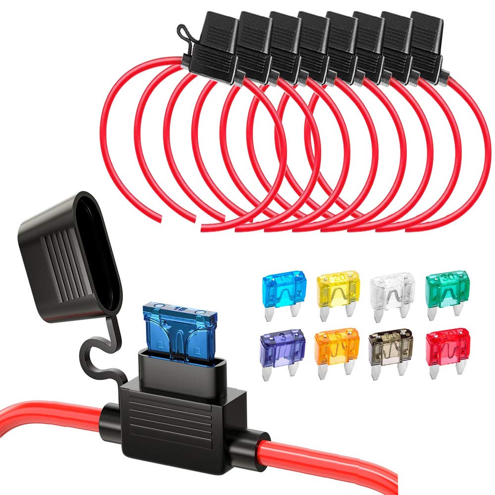 Gebildet 8pcs 32V 30A Waterproof Fuse Holder, 12 AWG ATC Blade Fuse Holder In-Line with a Cap, Plug Socket with 8pcs Small Blade Fuse (3A 5A 7.5A 10A 15A 20A 25A 30A) + Fuse Puller