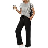 Glamaker Women's 2 Piece Sets Striped Summer Outfits Short Sleeve Shirts Wide Leg Pants Casual Lounge Sweatsuits