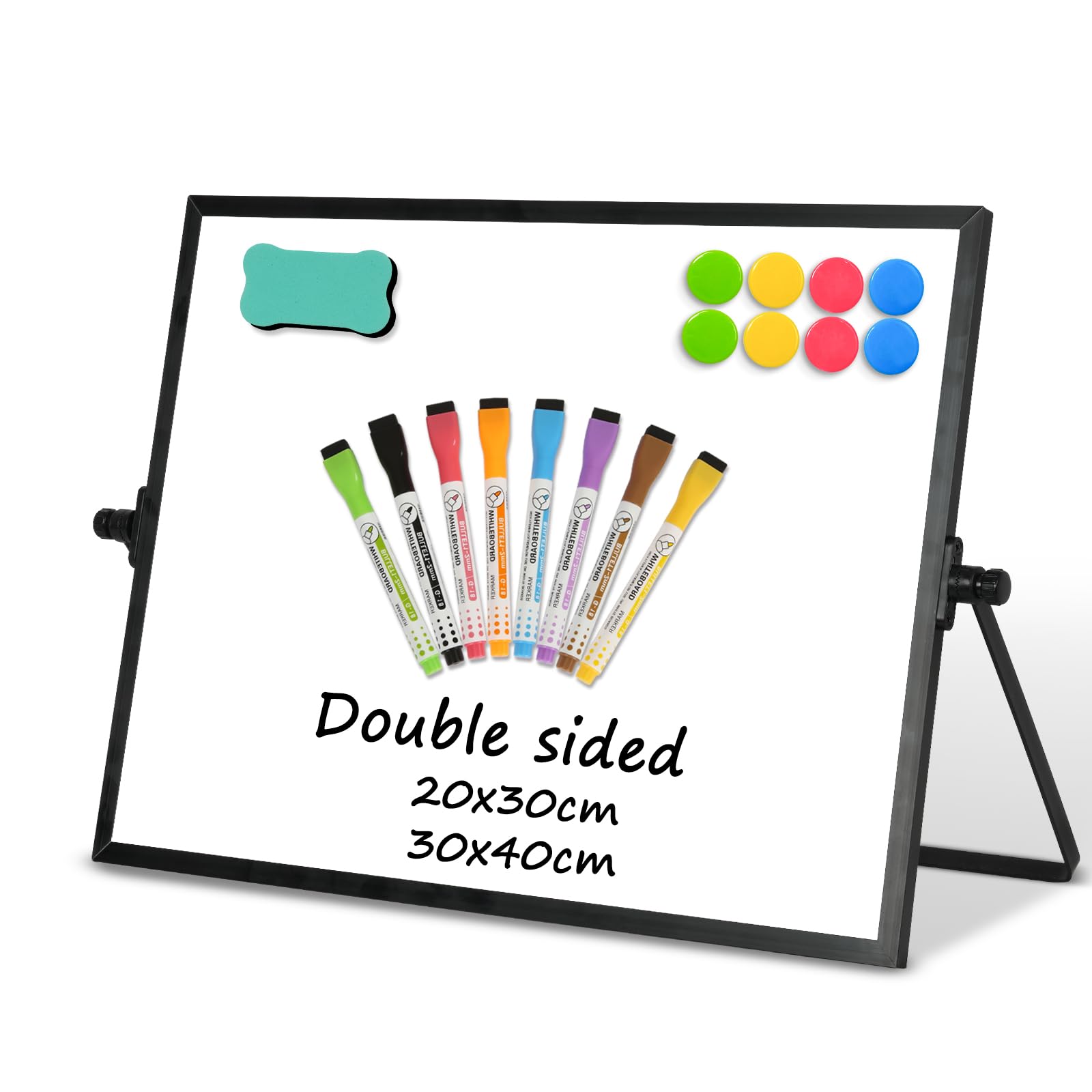 DOLLAR BOSS Magnetic Desktop Whiteboard 30x40cm Black Frame Double Sided Dry Erase Small White Board with Stand, A3 Mini Whiteboard 8 Pens, 1 Eraser, 6 Magnets, for School, Home, Office
