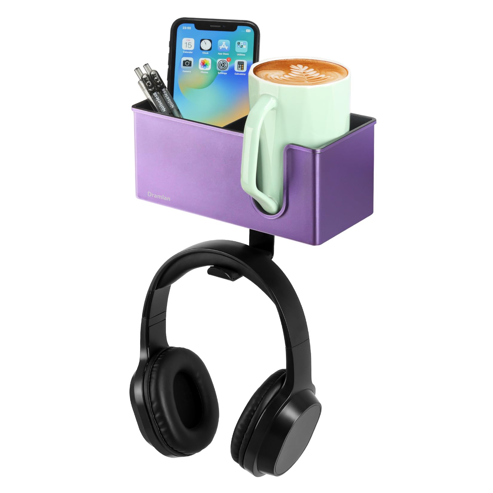 DramLan Desk Organizer with Headphone Hanger Desk Cup Holder for Desk Storage Beverages Phone Holder Clip on Desk Cup Holder Rotating Headphone Hanger and Detachable Desk Storage (Purple), M002