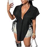 Floerns Women's Plus Size Y2K Slit Tie Side Collar V Neck Short Sleeve Button Down Blouse Long Shirt