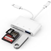 SD Card Reader for iPhone, iPad, USB C Lightning Dual Port SD Card Adapter, Memory Card Reader for Camera Adapter, Support SD, Micro SD, No App Required, Plug and Play