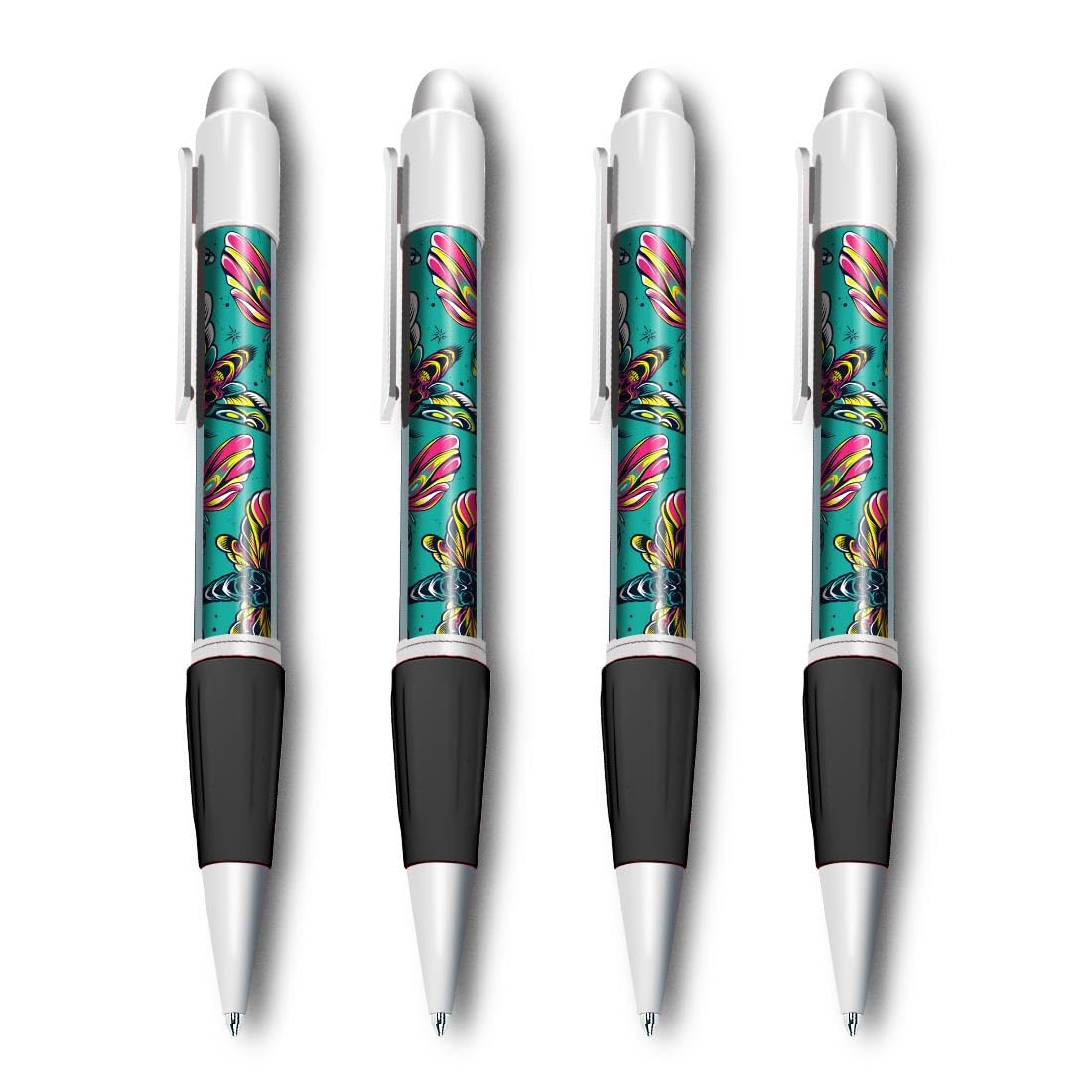 Set of 4 White Ballpoint Pens (Photo Insert) - Death's Head Hawkmoth Moth Horror - Soft Feel Finger Grip #52805