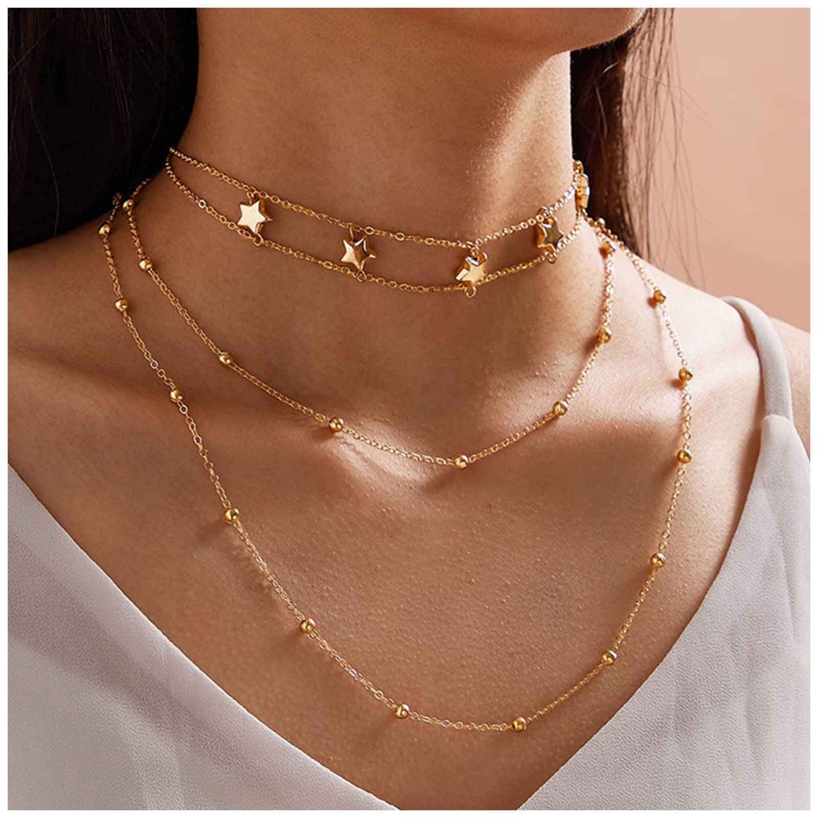 Cimenexe Bohemian Gold Star Necklaces Choker Layered Satellite Choker Necklaces Gold Bead Station Necklace Long Necklace Chain Jewelry for Women and Girls