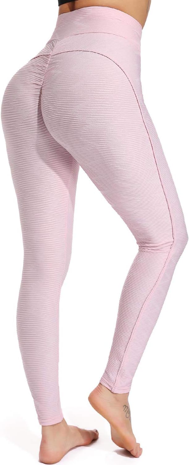 FITTOO Womens High Waist Textured Workout Leggings Booty Scrunch Yoga Pants Ruched Tights Pink S