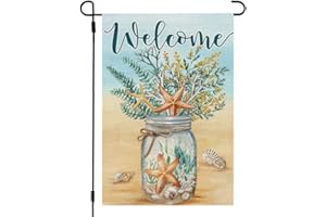 CROWNED BEAUTY Summer Garden Flag Mason Jar 12x18 Inch Double Sided Small Burlap Starfish Holiday Flag for Outside Yard Welcome CF1489-12