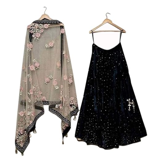 Womens Velvet Lehenga Choli (Ultimate_UE118118_Black_Free Size)