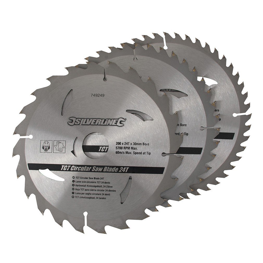 Silverline 749249 TCT Circular Saw Blades 24, 40, 48T 3pk 200 x 30 - 25, 18, 16 mm Rings